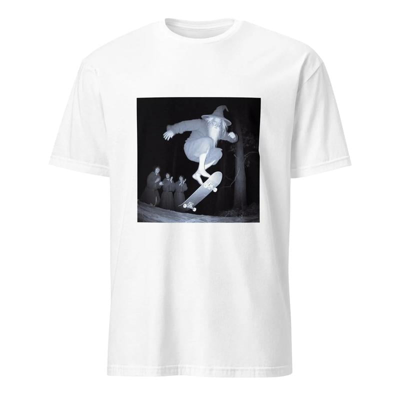 Gandalf Skateboarding T-shirt, Gandalf Skating In The Woods Sweatshirt Hoodie, Lord Of The Rings Funny Meme Tee, Gandalf Skating Doing Kickflip Shirt