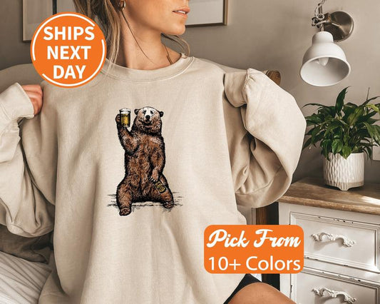 Grizzly Bear Unisex Sweatshirt, Craft Beer Sweater, Drinking Buddies Beer Drinking Bear Sweatshirt Comfort Fabric