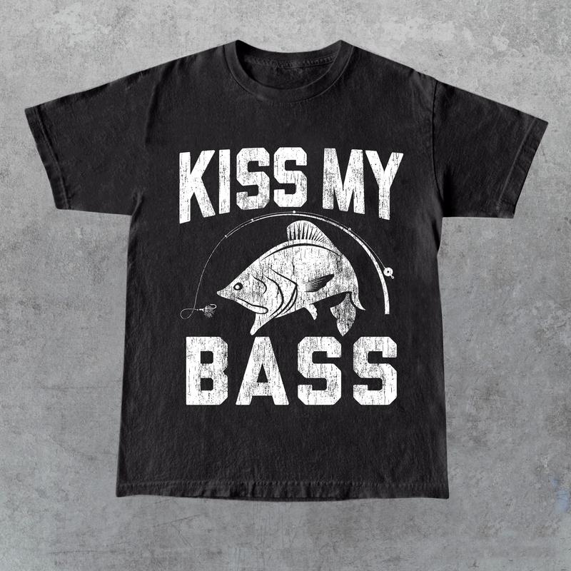 Fathers Day Fishing T-shirt, Humor Angling Shirt, Punny Gag Meme Fisherman Loose Fit Tee, Joke Fishing Gifts, Kiss My Bass Shirt
