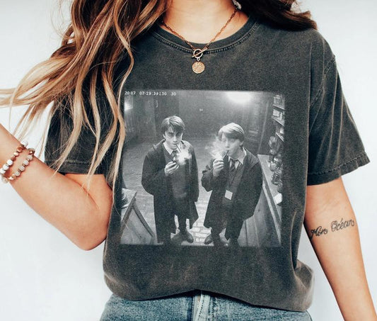 Harry and Ron Smoking T-Shirt, Potter T-Shirt, Wizarding Fan Shirt, Potter Book, Wizarding Fan Funny 90s Vintage Meme Shirt, Harry T-Shirt Full Size Full Color for Men for Women