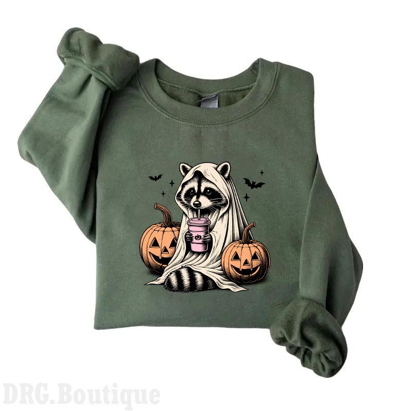 Cute Raccoon Ghost Crewneck, Raccoon Halloween Sweatshirt, Vintage Pumpkin Fall Sweaters, Spooky Season Gift, Halloween 2024 Merch Women's Shirt, Hall