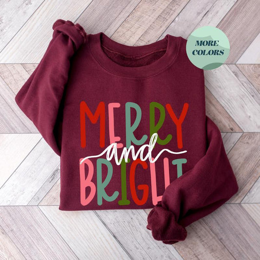 Merry and Bright Sweatshirt, Festive Family Christmas Sweatshirt for Women, Cozy Holiday Apparel, Perfect for Christmas Cheer, Gift for Family - Sweat