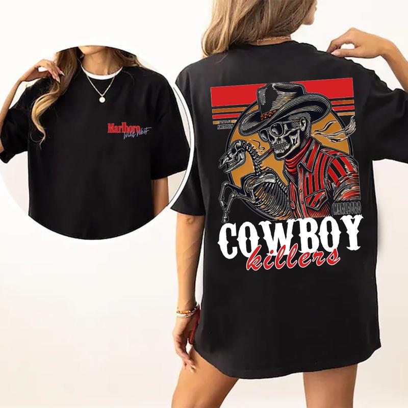 MarlBoro Cowboy Killer Vintage American Double Sided Hoodie and Crewneck T-Shirt Set - Unisex Sweatshirt - Comfort, Cotton - Classic