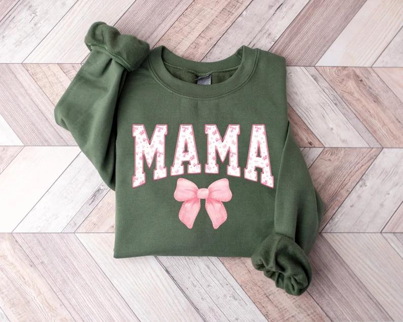 Coquette Pink Mama Sweatshirt, Cute Pink Bow Mama Sweatshirt, Popular Mother Tee, Trendy Mother Gift, Mother Day Gift