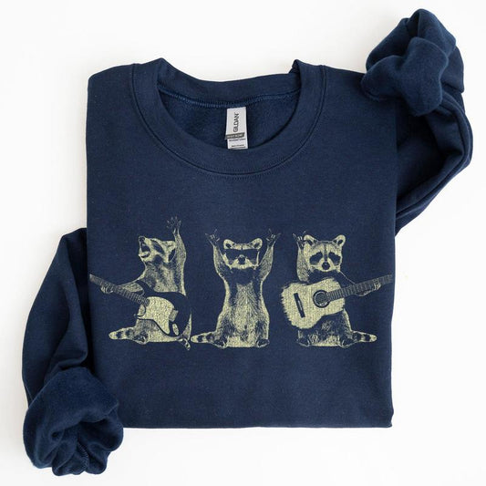 Raccoon Band, Playing Guitar, Funny Animals Sweatshirt, Crew Neck, Crewneck, Soft Unisex Graphic Casual Casual Comfort Womenswear ComfortableÃ‚Â Graphic