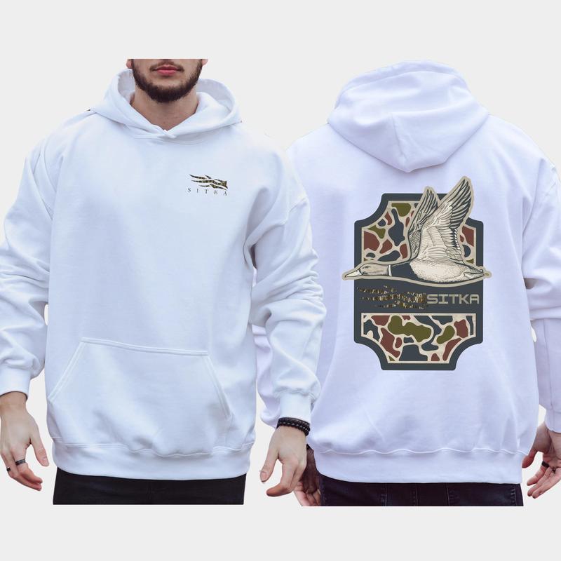 Classic SITKA Camo Mallard Hunting 2-Sided, Camouflage Printed Hoodie for Men, Duck Hunt Pullover, Unisex Hunter Tops, Classic Casual Menswear