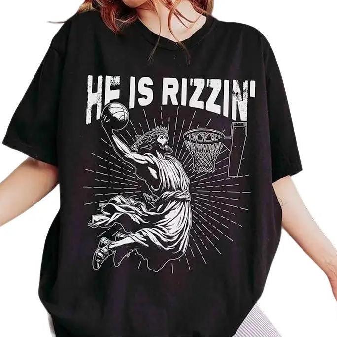 Retro He Is Rizzin' T-Shirt, Funny Jesus T-Shirt, Humor Easter T-Shirt, Christian East Cotton Fabric