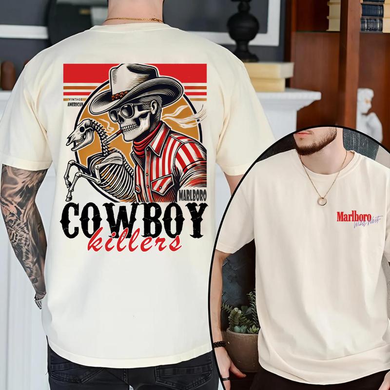 MarlBoro Cowboy Killer Vintage American Double Sided Hoodie and Crewneck T-Shirt Set - Unisex Sweatshirt - Comfort, Cotton - Classic
