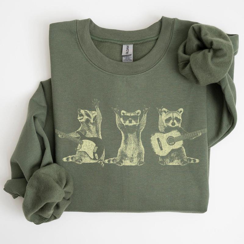 Raccoon Band, Playing Guitar, Funny Animals Sweatshirt, Crew Neck, Crewneck, Soft Unisex Graphic Casual Casual Comfort Womenswear ComfortableÃ‚Â Graphic