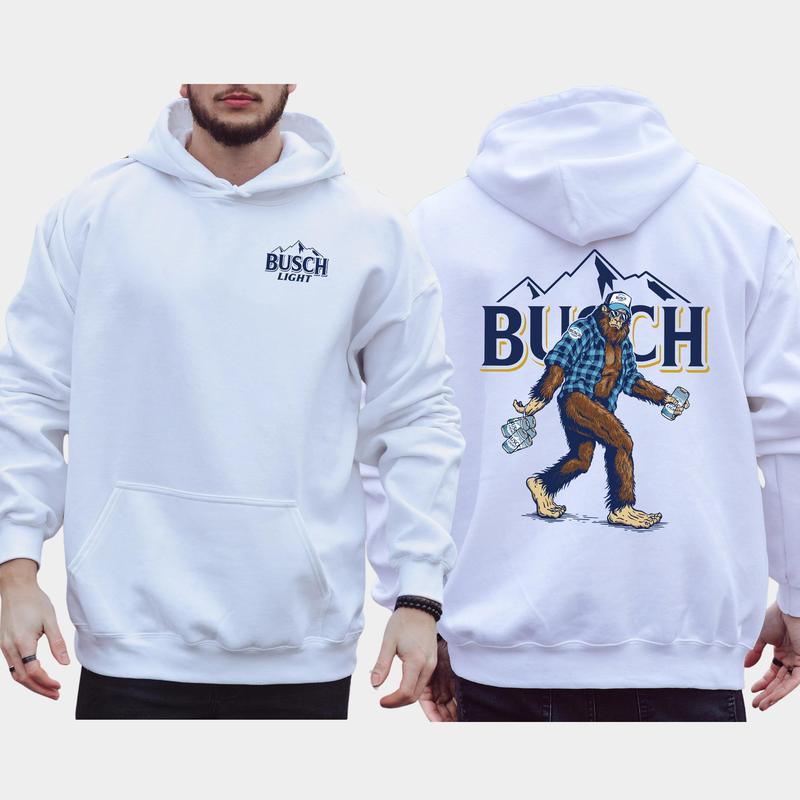 Men's Biggfoot Holding Busch Light 2-Sided Hoodie, Beer Drinking Hoodie, Funny Bigfooot Drink Pullover, Unisex Drinker Tops, Cotton Classic Menswear