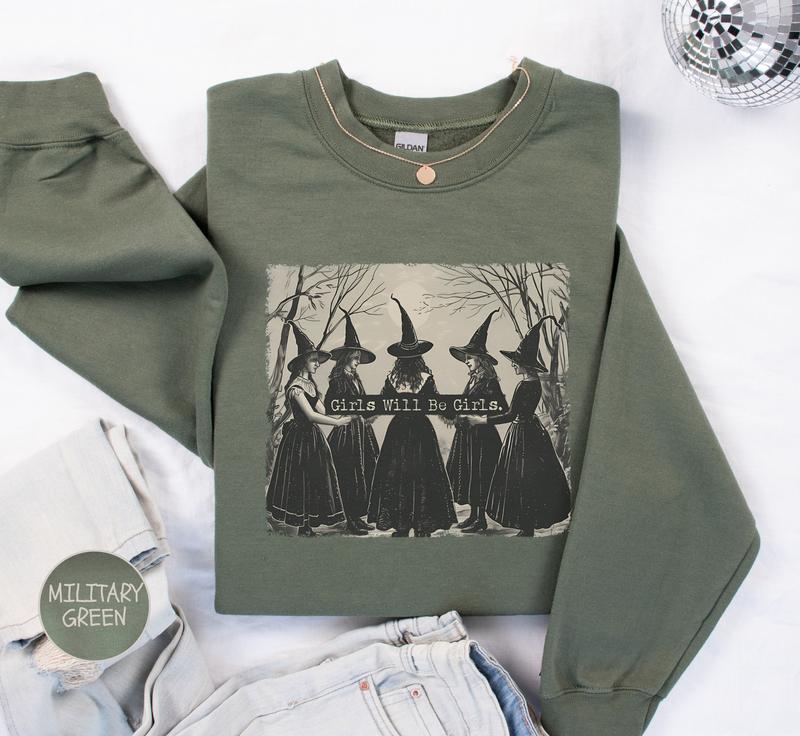 Vintage Girls Will Be Girls Witch Sweatshirt, Funny Witch Sweatshirt, Vintage Halloween Women Shirt, Witchy Vibes Sweatshirt