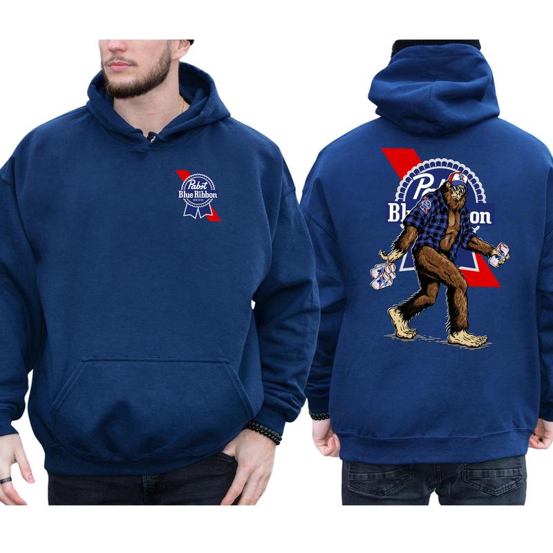 Men's Biggfoot Holding Pabst Blue Ribon 2-Sided Hoodie, Beer Drinking Hoodie, Funny Bigfooot Pullover, Unisex Drinker Tops, Cotton Classic Menswear