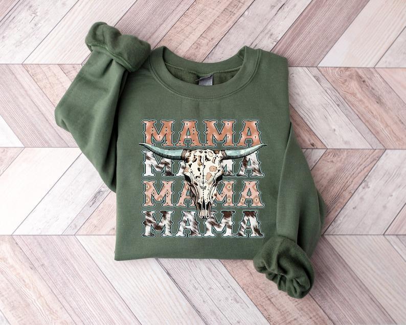 Mama Western Sweater, Mama Crewneck Pullover Cowhide Mothers,  Cotton Womenswear, Trendy Shirt