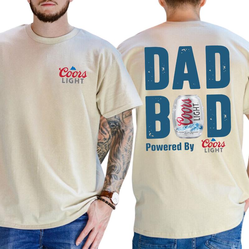 Coors Lite Dad Bod Powered By Coors Light T-shirt 2-Sided, Beer Drink Shirt, Drinking Tees For Men, Funny Drink Top for Daddy, Classic Cotton Menswear