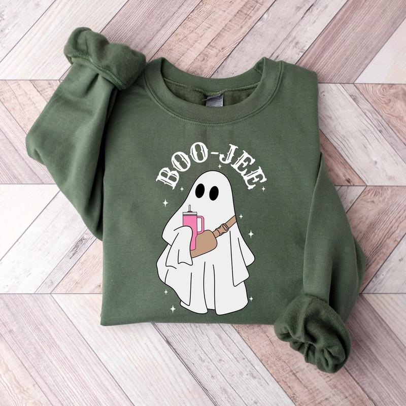 Boo Jee Ghost Sweatshirt, Halloween Crewneck, Spooky Ghost Sweatshirt Unisex Classic Collar Printed