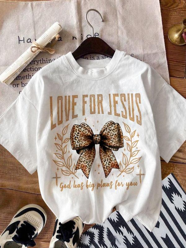 Women's Letter & Leopard Bow & Leaf Print Round Neck Tee, Trendy Casual Short Sleeve T-Shirt for Daily Wear, Ladies Summer Outfit