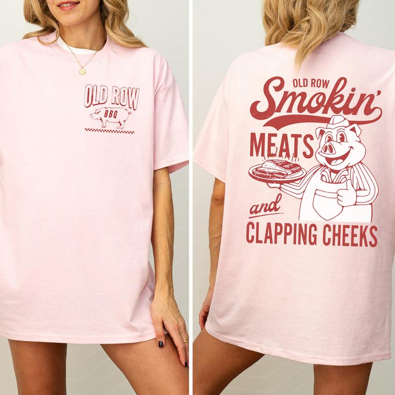 Old Row The Smokin Meats Graphic 2-Sided Shirt, Retro Pig Cooking T-Shirt, Smoking Meats Clapping Cheeks Tee, Comfy Cotton Clothing, Casual Womenswear