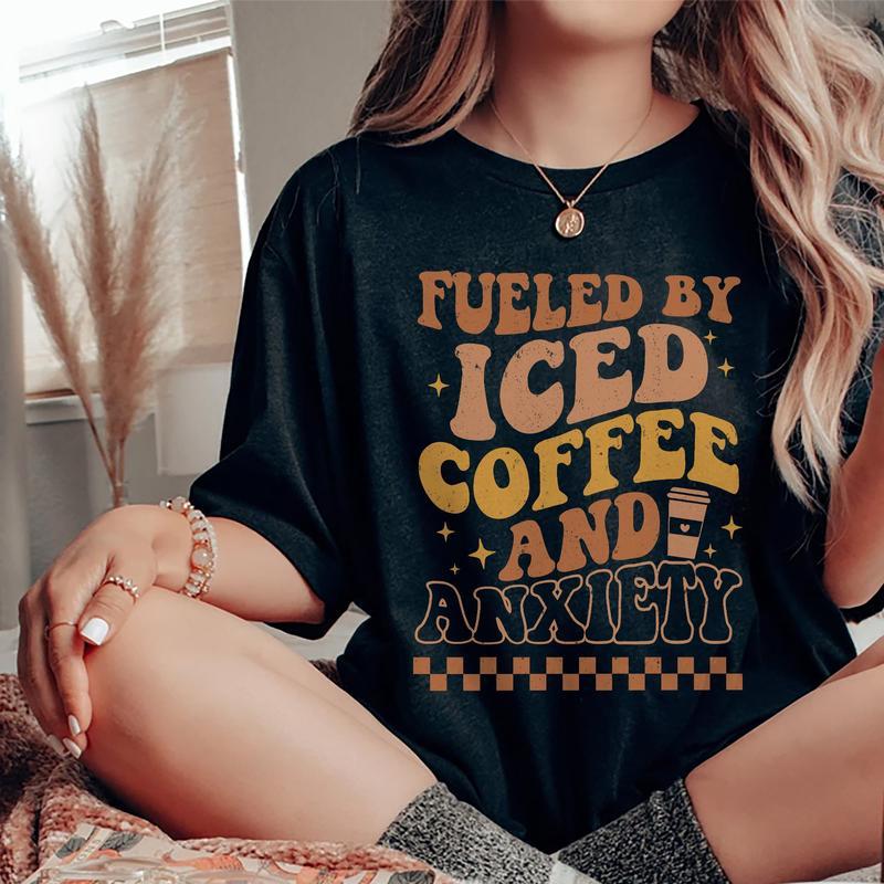 Fueled By Iced Coffee And Society Shirt, Mom Iced Coffee T-shirt, Mama Anxiety Graphic Printed Tee, Overstimulated Mom Soft Fabric Short Sleeve Tee Sh