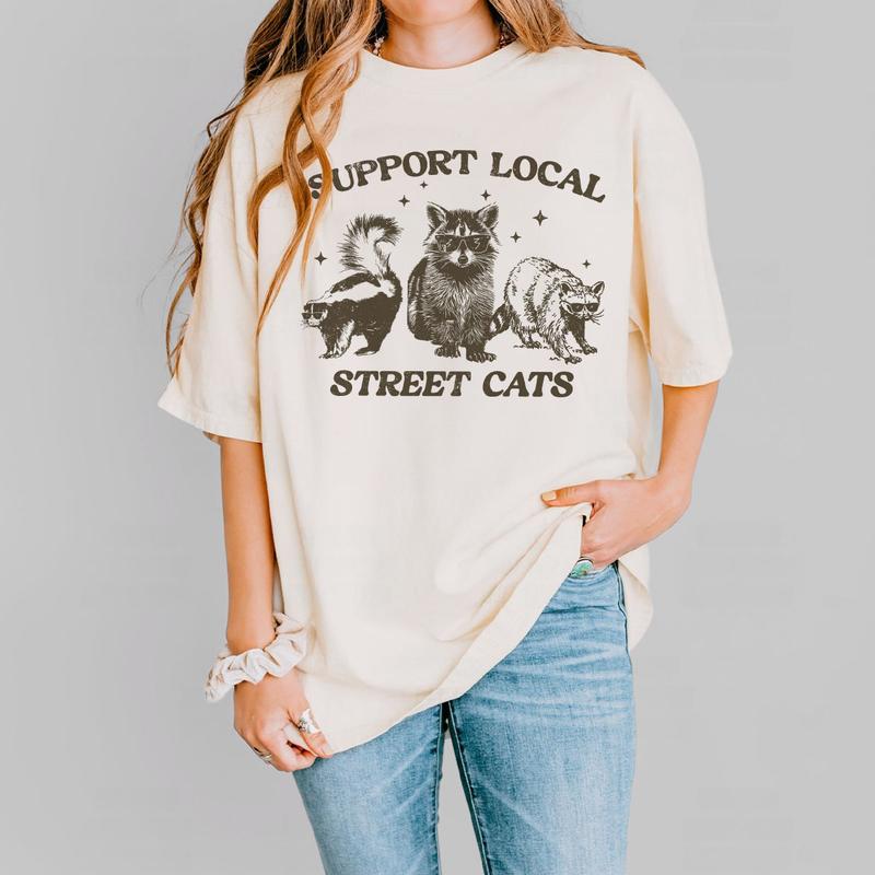 Support Your Local Street Cats Graphic T-Shirt, Retro Unisex Adult T Shirt, Vintage Raccoon T-Shirt, Nostalgia Shirt, Relaxed Cotton Tees, Raccoon Lover Tee, Street Cats Shirt, Comfort Women Top