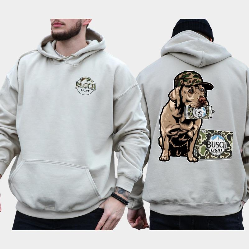 Camo Busch Light Labrador Hunting Dog 2-Sided Hoodie, Men's Camouflage Dog Hoodies, Beer Drinking Pullover, Unisex Drink Tops, Classic Casual Menswear