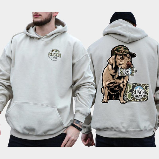 Camo Busch Light Labrador Hunting Dog 2-Sided Hoodie, Men's Camouflage Dog Hoodies, Beer Drinking Pullover, Unisex Drink Tops, Classic Casual Menswear