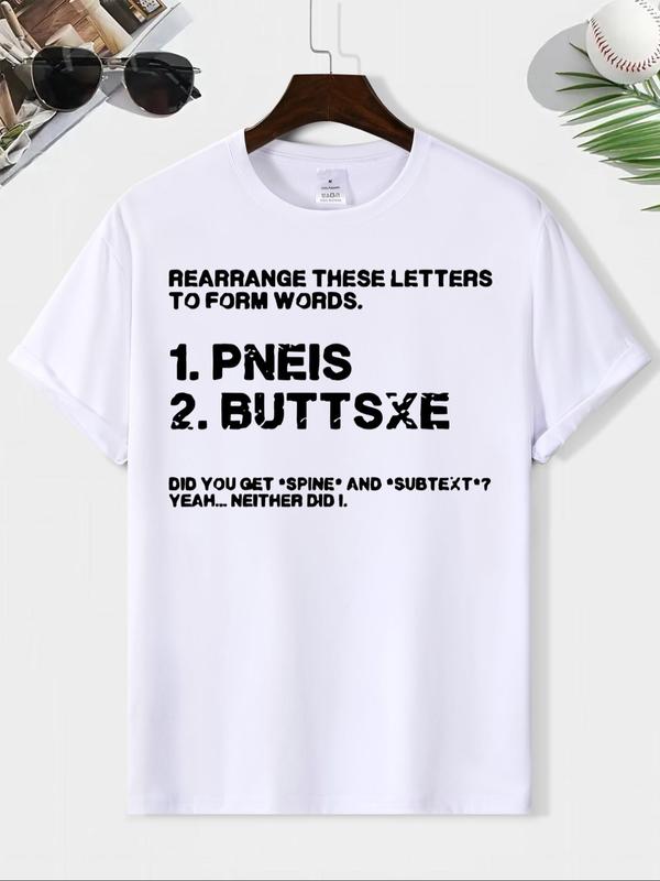 Men's Regular Fit Letter Print Round Neck Tee, Slogan Graphic Short Sleeve T-Shirt for Daily Wear, Casual Comfy Knitting Top for Summer