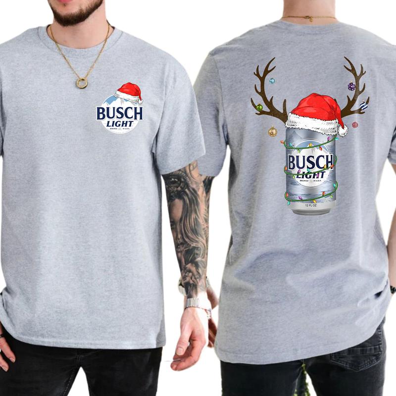 Christmas Deer Busch Light 2-Sided Shirt, Funny Men's Beer Drinking Tee, Drink Tops for Men, Christmas Drinker Tshirt, Classic Cotton Casual Menswear