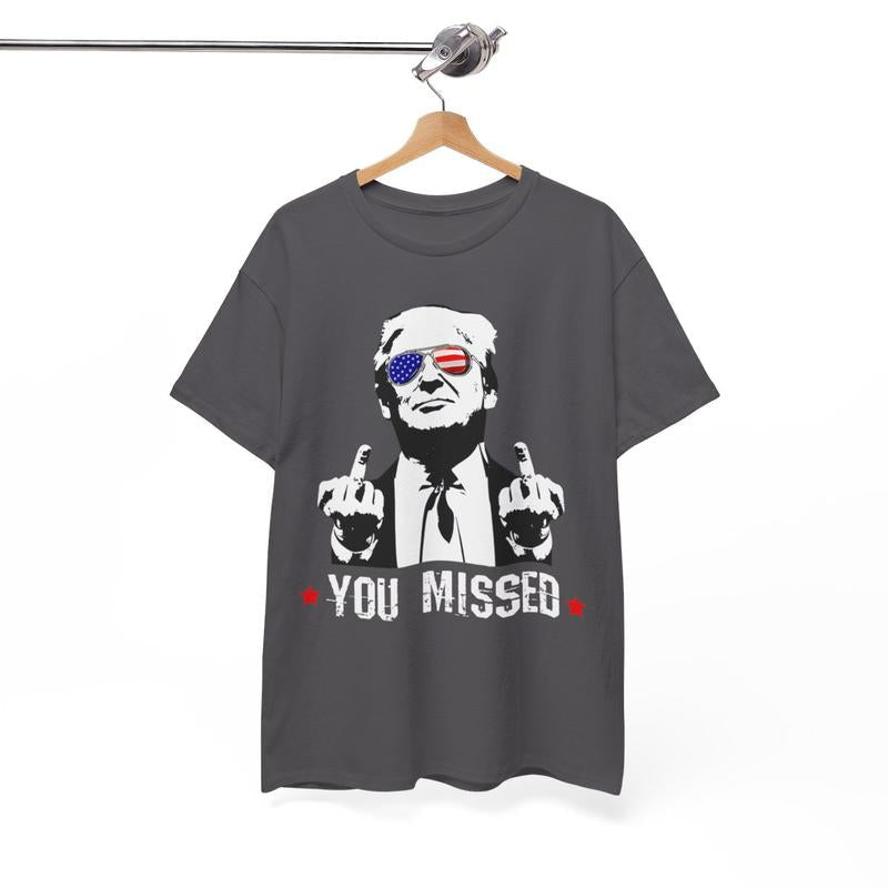 Trump Rally Shooter Tshirt - Trump You Missed - Trump Survived - Trump 2024 - USA Freedom - Donald J. Trump Unisex Heavy Cotton Tee