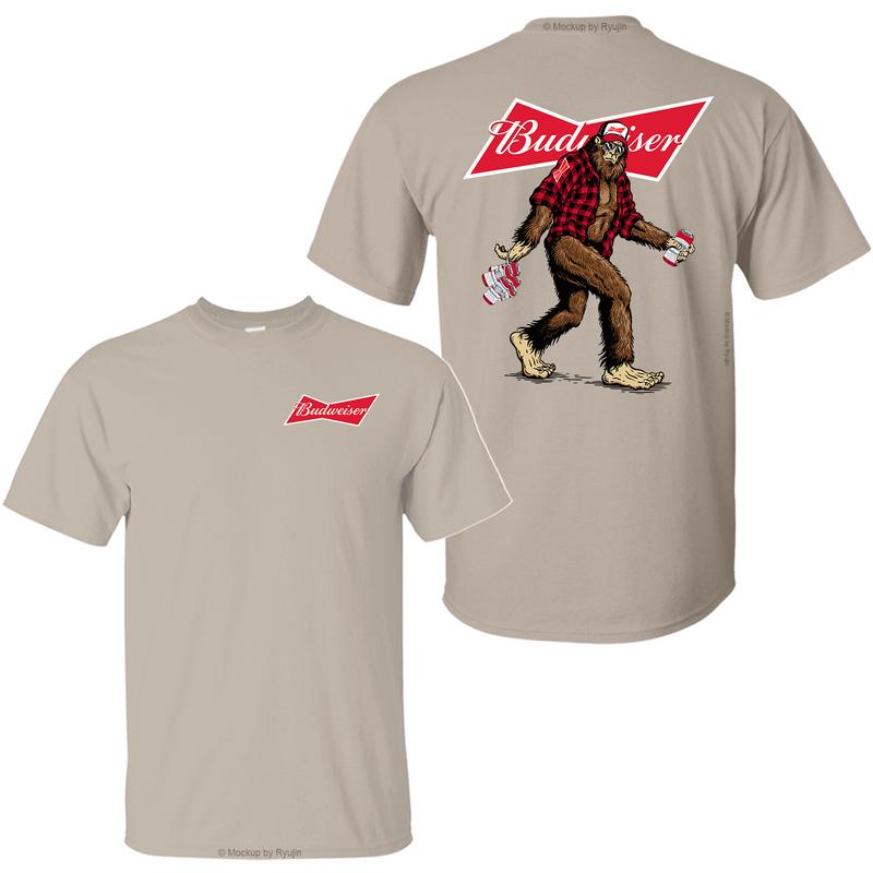 Bigfoot Budweiser T-Shirt, Sasquatch Holding Budweiser Beer Cans 2 Sided Graphic Printed Unisex Classic Comfort Cotton T-Shirt