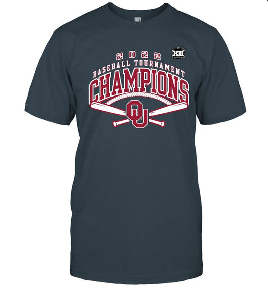 Men's Fanatics ed Charcoal Oklahoma Sooners 2022 Big 12 Baseball Conference Tournament Champions Tee