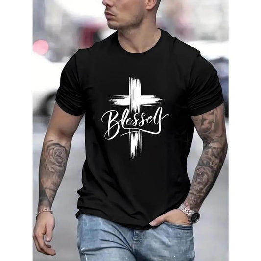 Stylish Blessed Graphic Print Tee Shirt - Men's Casual Short Sleeve Summer T-Shirts with Comfortable Fabric and Relaxed Fit Made in USA