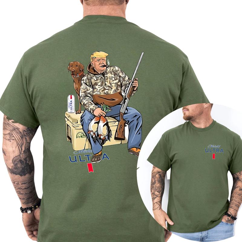 Camo Hunter Trummp With Michelob Ultra Beer Shirt 2-Sided, Funny Men's Hunting T-shirt, Beer Drinking Tee, Unisex Hunt Tops, Classic Casual Menswear