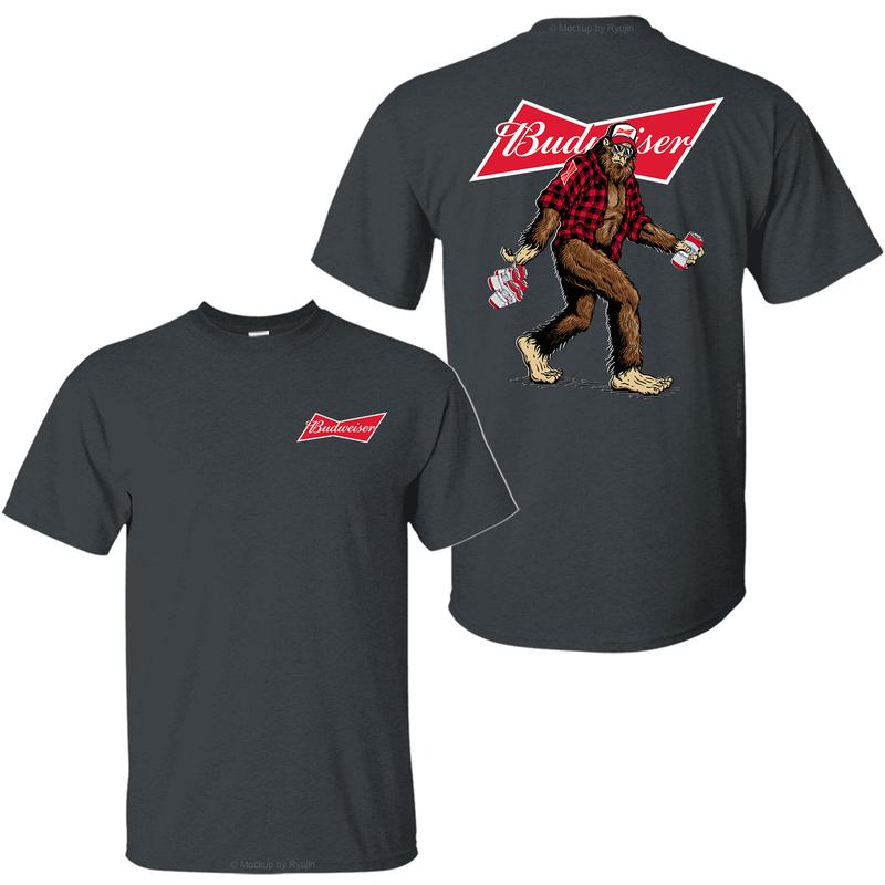Bigfoot Budweiser T-Shirt, Sasquatch Holding Budweiser Beer Cans 2 Sided Graphic Printed Unisex Classic Comfort Cotton T-Shirt