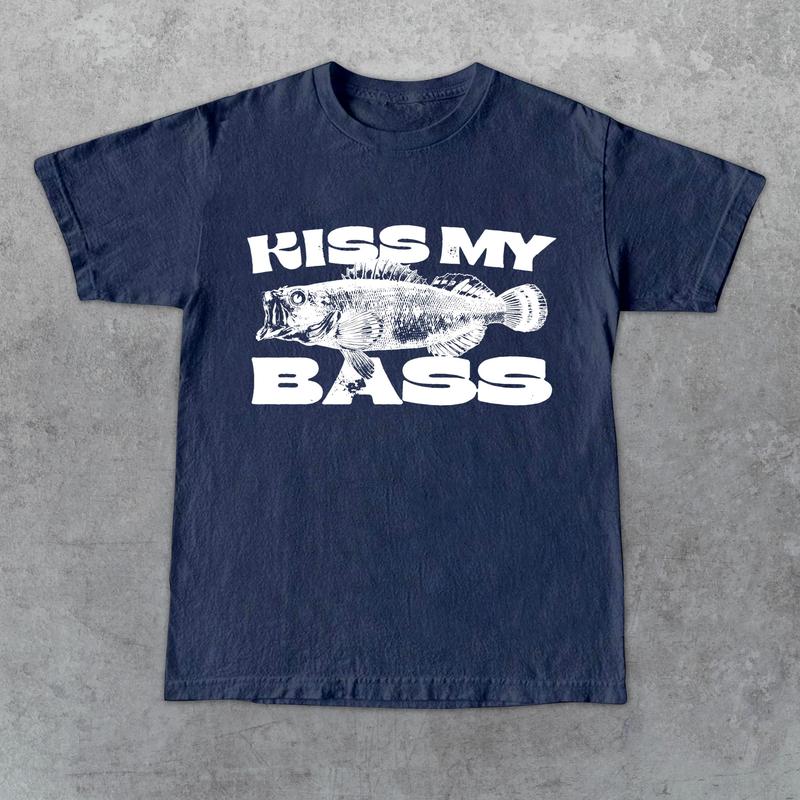 Kiss My Bass Vintage Style Fishing T-Shirt, Retro Fisher T Shirt, Fisher Gear, Fisher Graphic Shirt, Adult Unisex Relaxed Cotton Shirt - White Design Limited