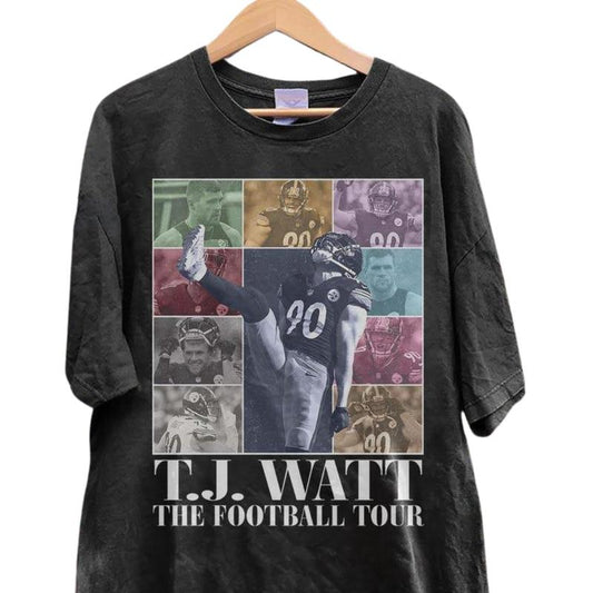 T.J. Watt Football Merch Shirt, Steelers Vintage 90s Bootleg T-shirt Classic Cotton Fabric Jersey Menswear Top Collar Decoration Graphic