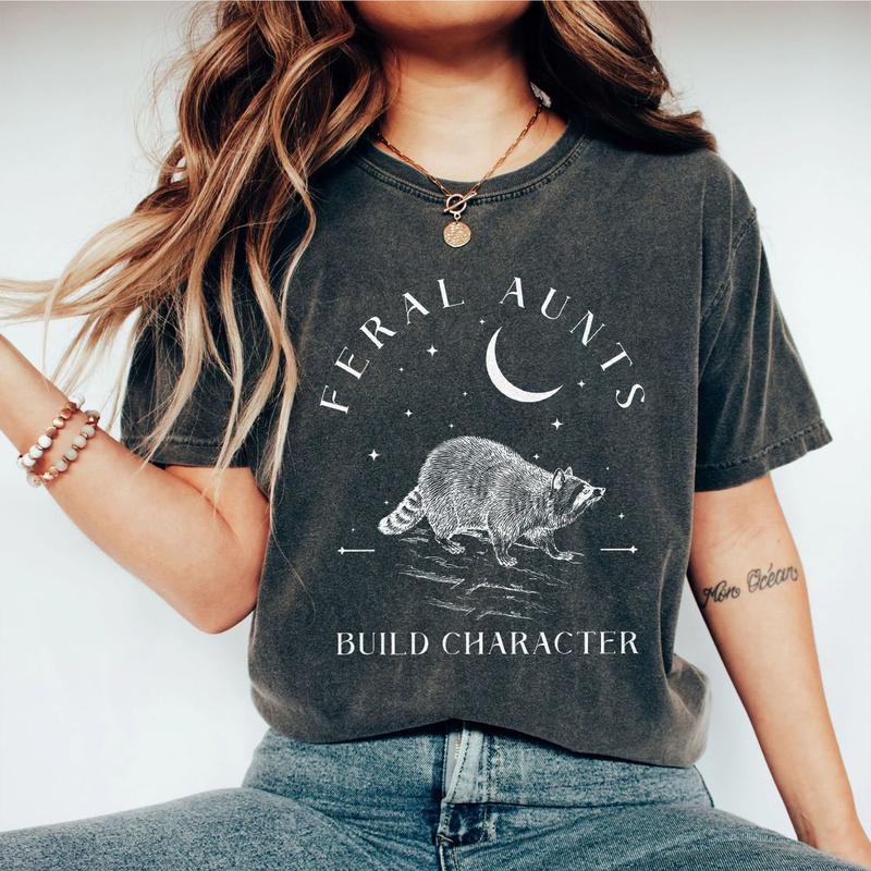 Feral Aunts Build Character Shirt, Raccoon Lover Aunt Shirt, Vintage Raccoon Art Crescent Moon Tee, Whimsigoth Aunty Tee, Aunty Shirt, Weird Gifts For Aunt, Raccoon Lover, Auntie Women Top