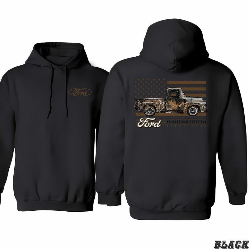 Ford Camo Truck T-shirt With â€œAn American Tradition Since 1903â€ Hoodie, Dynamic Prints, Fashion Selections For All, Menswear Unisex, Classic Cotton