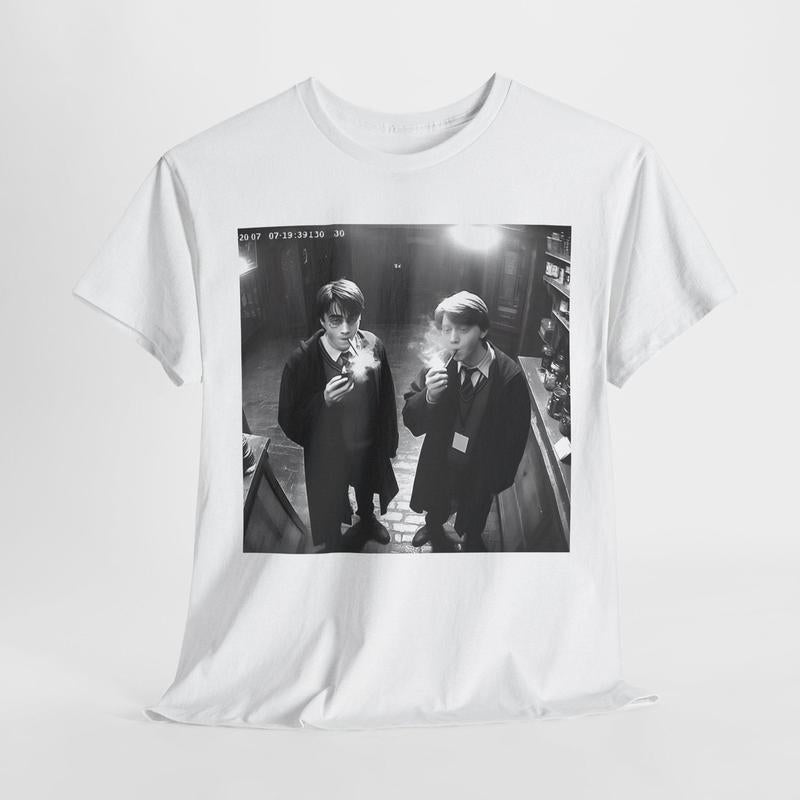 Harry and Ron Smoking T-Shirt, Potter Shirt, Wizarding Fan Shirt, Potterhead Christmas Birthday Gift Potter Book Funny 90s Vintage Meme Shirt Crewneck Shortsleeve