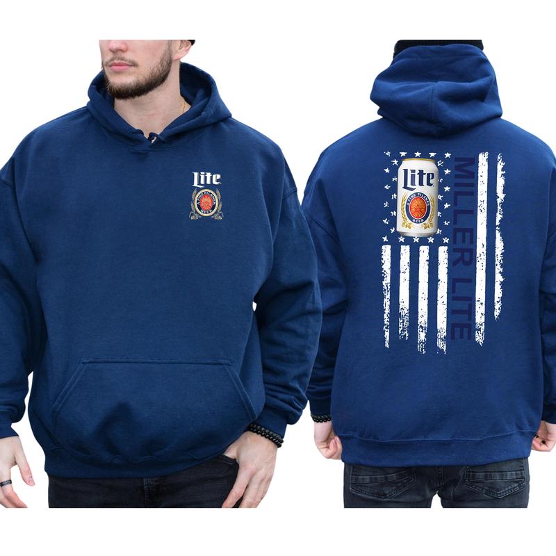 Men's Beer Miller Lite Flag 2-Sided Hoodie, American Flag Beer Drinking Hoodies, Unisex Drink Tops, Drink Sweaters for Him, Comfort Cotton Casual Menswear, Long Sleeve Pullover