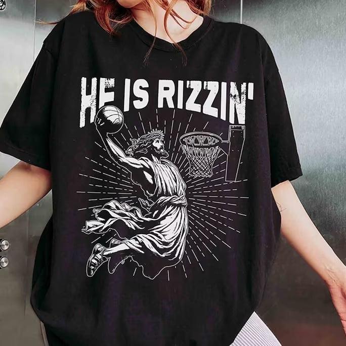 Retro He Is Rizzin' T-Shirt, Funny Jesus T-Shirt, Humor Easter T-Shirt, Christian East Cotton Fabric