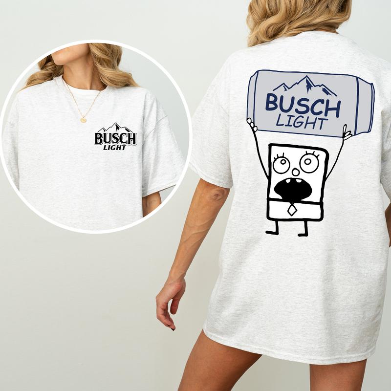 DoodleBob Busch Light Unisex T-Shirt, Funny Doodlebob Beer Graphic 2 Sided Shirt, Vintage Drink T-Shirt, Drinking Tshirt for Men, Comfort Cotton Fabric Tshirt, Women's Top, Casual Womenswear