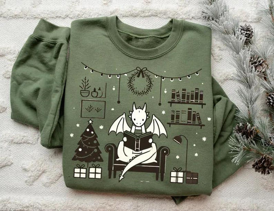 Mystical Bearded Dragon Reading A Book Christmas Sweater, Holiday Dragon Sweatshirt, Cute Dragon Apparel, Dragon Lover Gift, Winter Book