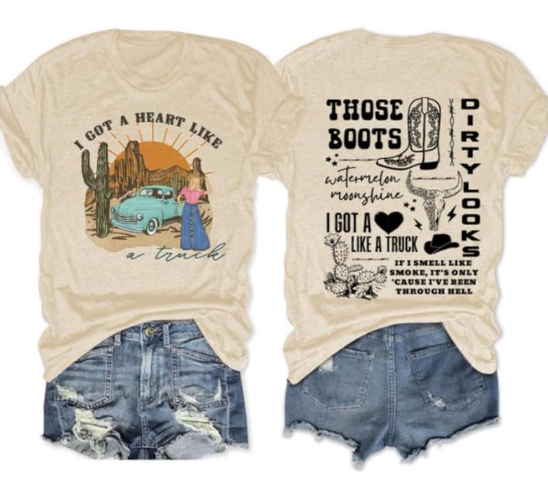Got a Heart Like a Truck 2 Sides Shirt Country Concert Outfits Women Nashville Tshirt Cowgirl Shirt Cow Skull Graphic Tee