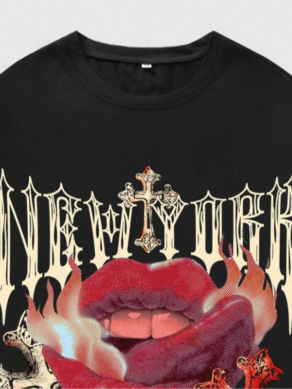 Men's Regular Fit Cross Graphic Round Neck Tee, Lips & Letter Print Short Sleeve T-shirt for Daily Wear, Fashion Casual Men's Clothes for All Seasons