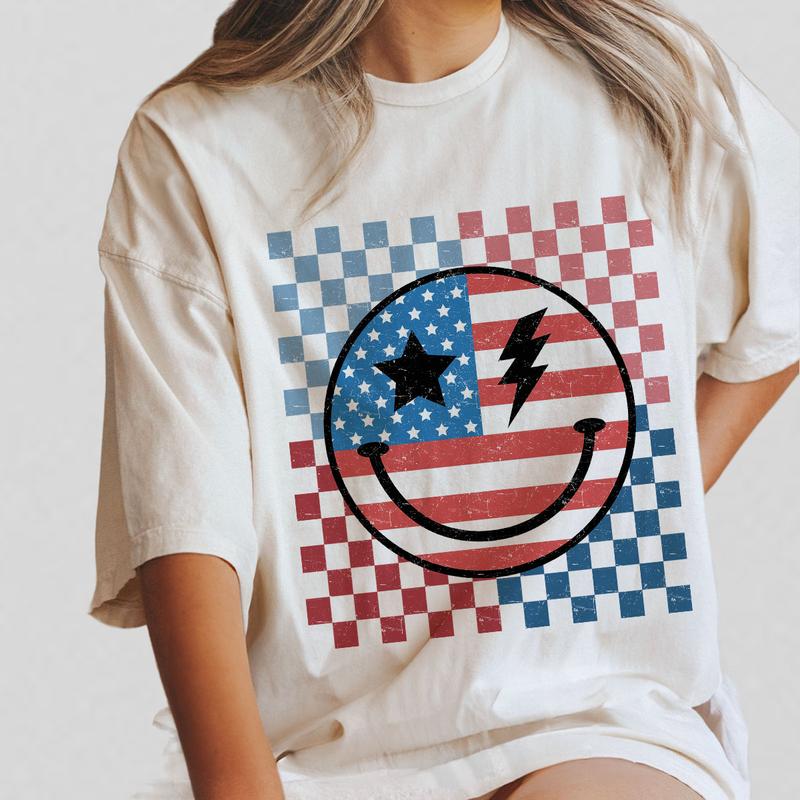 Retro Smiling 4th Of July Shirt, Patriotic Shirt, 4th Of July Checkered Shirt, America Shirt, Independence Day T Shirt, USA Flag Shirt, Funny 4th of J