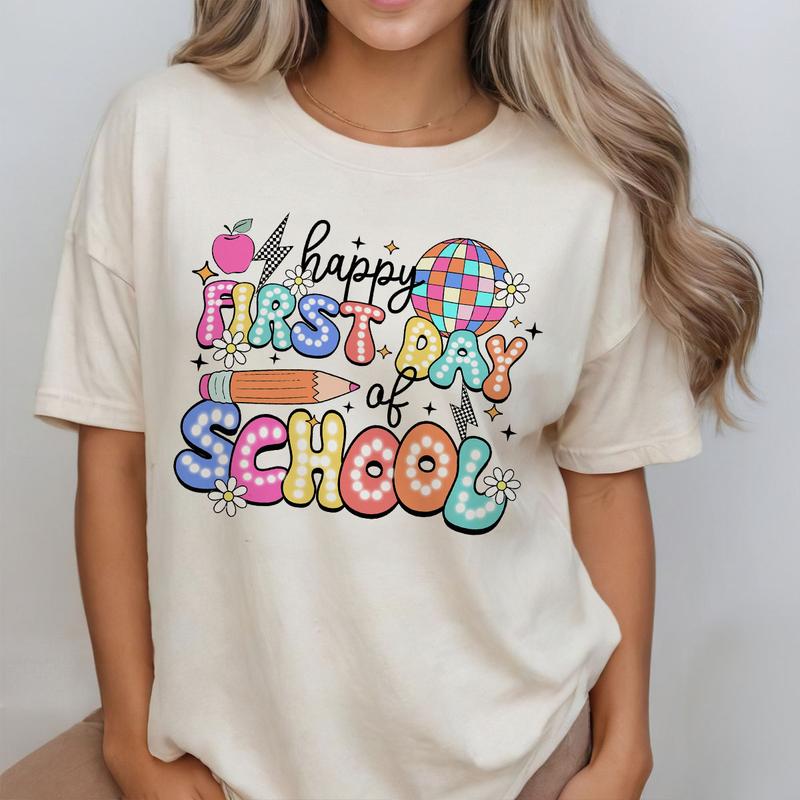 Happy First Day Of School Shirt, Teacher Women Top, Retro Teacher Back To School Tee, Funny First Day Of School Shirt, Cute Teacher T-Shirt, Teacher Team Outfits, Kindergarten Teacher, First Grade Shirt, Teacher Women Tops