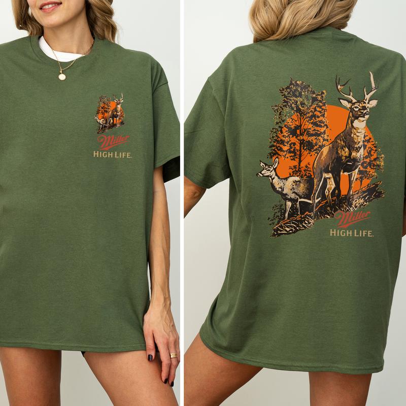 Vintage Miller High Life Deer Hunting 2-Sided Shirt, Men's Buck Hunting T-shirt, Unisex Hunter Tops, Beer Drinking Tshirt, Casual Cotton Womenswear