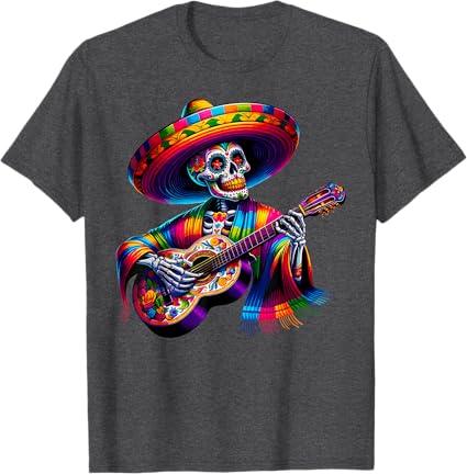 Funny Cinco De Mayo Skeleton Skull Fiesta Sombreros Guitar T-Shirt