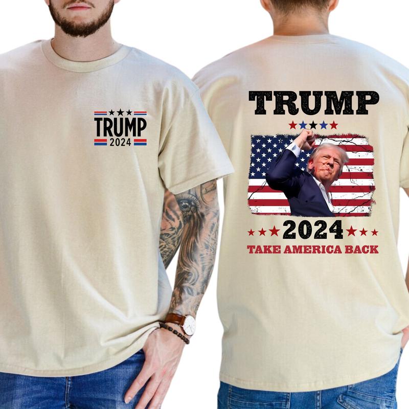 2-Side TRUM SHOT T-SHIRT Trum 2024 Take America Back Shirt, Trum Bulletproof 2024, Funny Tee, Gift For Men, Casual Menswear, Classic Cotton Top, Soft Fabric Shortsleeve Shirt