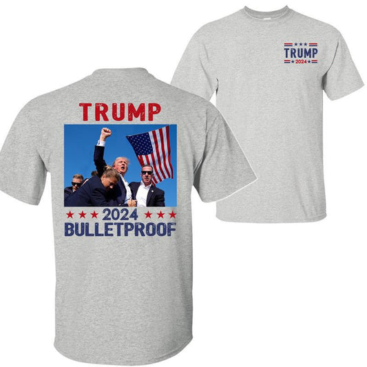 Trump 2024 Bulletproof Shirt, Praying For President Trump Shirt, Bloodied Trump Fist Pumps, Trump Shirts 2024, Double Sided Graphic Printed Unisex Cla